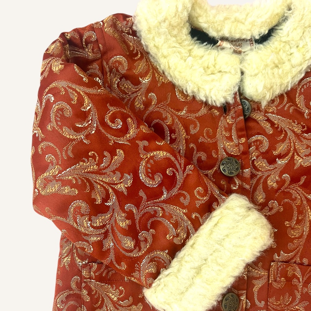 Vintage Cornelloki Burnt Orange Brocade Coat with Faux Fur Trim